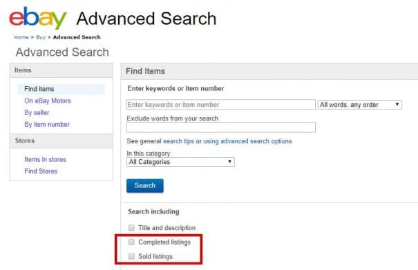 A screenshot of the advanced search properties on eBay