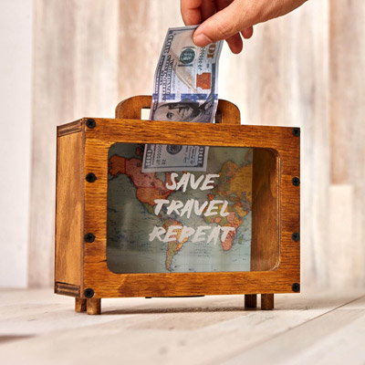 wooden suitcase bank