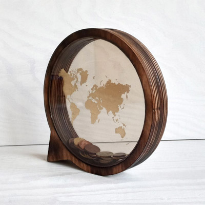 wooden circle bank with world map vinyl sticker